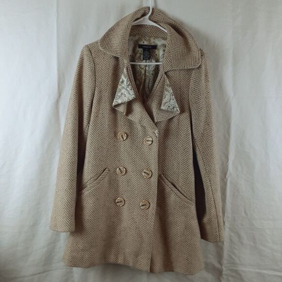 Arden B Womens Khaki Wool Coat Striped Button Down Womens Medium Double Breasted - Picture 1 of 16